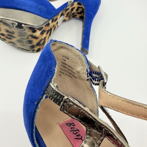 Betsey Johnson Sabine Blue Suede Heels Leopard Sole Size 7.5 Peep Toe Platform - Picture 9 of 9